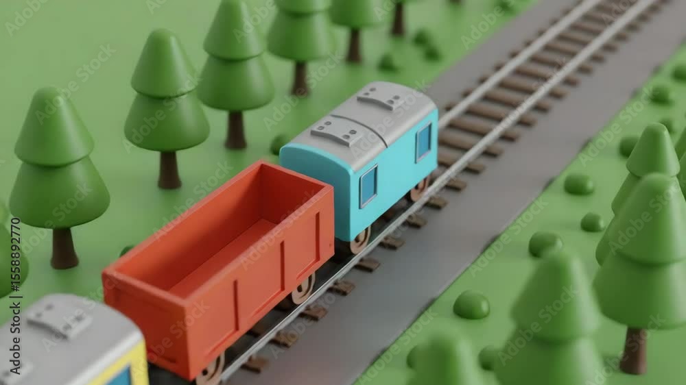 3d render cartoon plastic textured aerial view of an train on tracks