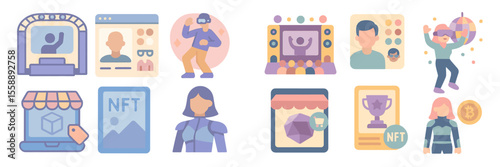 Digital artwork showcasing various elements of virtual reality, gaming, and NFTs in a modern creative workspace setting