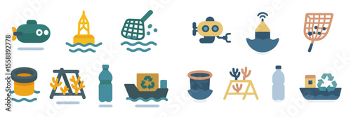 Colorful illustrations of marine life activities and conservation efforts in a coastal area