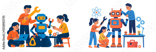 Children engage in robotics activities while building and programming robots in a creative learning environment