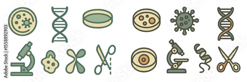 Illustration of various scientific symbols representing microbiology, genetics, and cellular biology