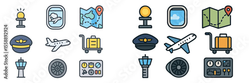 Icons depicting air travel, airport navigation, and aviation-related elements for travel enthusiasts and professionals