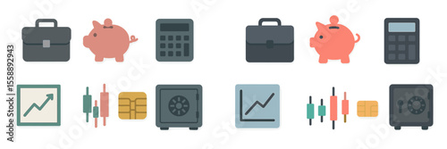 Various finance and accounting icons arranged in a grid showcasing budgeting, savings, and investment tools