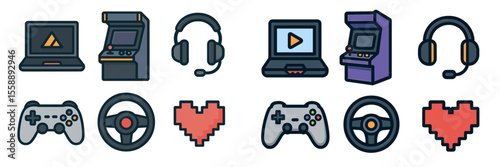 Collection of gaming icons including arcade machines, controllers, and headsets in a colorful design