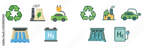 Sustainable energy sources and technologies depicted through icons representing eco-friendly initiatives and innovations