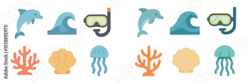 Ocean-themed illustrations showcasing marine life, snorkeling gear, and coral at a beachside environment