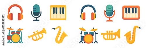 Colorful music icons representing various instruments and audio equipment in a creative layout