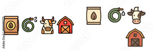 Symbols representing farm life with animals and tools in a simple, colorful design