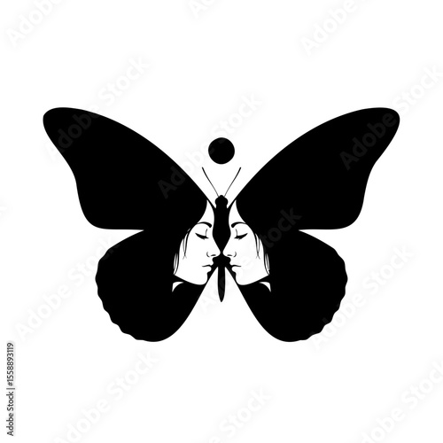 Black Butterfly Silhouette with Two Female Faces Art