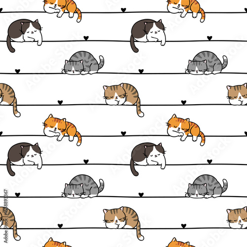 Seamless Pattern with Cartoon Cat, Heart and Line Design on White Background. Hand Drawn Vector Illustration.