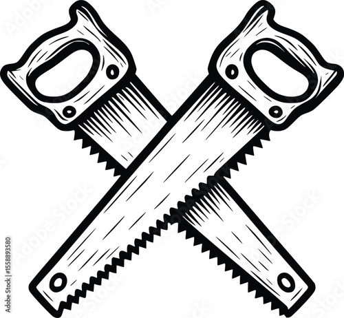 wood saw vector hand drawn illustration line art