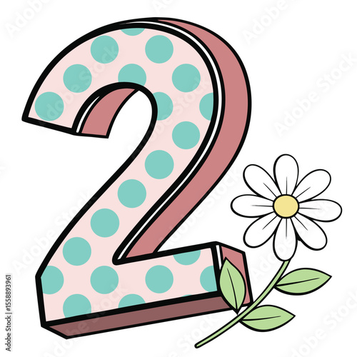 Cartoon Number Two with Polka Dots and Flower turquoise