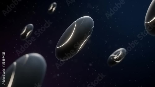 Futuristic floating orbs in a cosmic space setting, illuminated by soft light against a dark backdrop