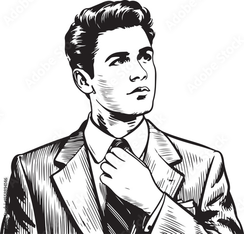 Man in Suit Adjusting Tie Sketch Fashion Art Minimalist Elegance Design Business Portrait