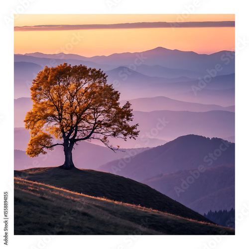 Majestic Solitary Tree: Golden Autumn Leaves and Serene Mountain Landscape.