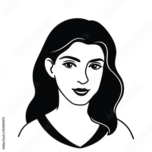 Vector illustration of a woman's face with long, flowing hair, showcasing her beauty, fashion, and glamour through line art and subtle makeup