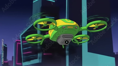 Futuristic green drone flying over a vibrant cityscape at night, capturing aerial footage