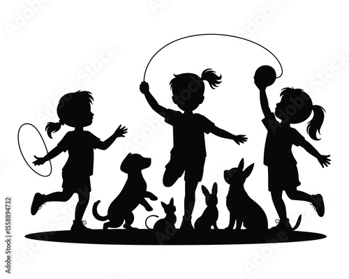 Stylish silhouette of kids playing with pets silhouette vector style with white background