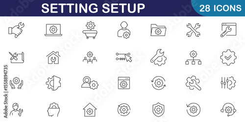 Settings and Setup icon set. Containing options, logo, tools, configuration, preferences, adjustments, gear, ui and more. Editable stroke. Vector illustration.