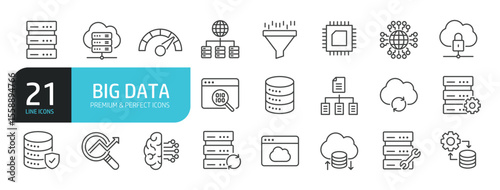 Set of line icons related to big data, cloud, server, hosting. Outline icons collection. Editable stroke. Vector illustration