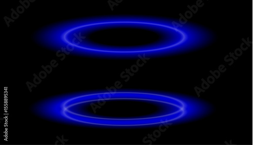 Glowing blue neon ring pair on black background, futuristic sci-fi portal concept, top and perspective view, digital vector design for tech and energy themes