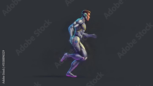 Futuristic humanoid figure running in a dynamic pose against a dark background, showcasing advanced anatomy