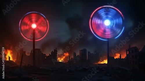 Futuristic landscape depicting two large spinning lights in a post-apocalyptic cityscape at dusk