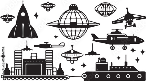 City transport vector icons featuring silhouettes of ships and boats for sea cargo and travel illustrations