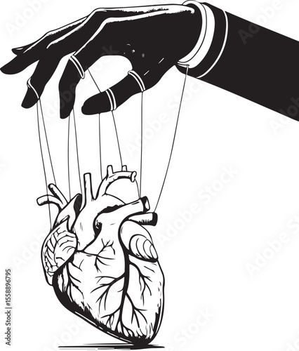Puppet master hand controls human heart Vector Illustration, Sketch Drawing Line Linear Symbol Icon Engraving Coloring Book, Hand-drawn Black and White Isolated