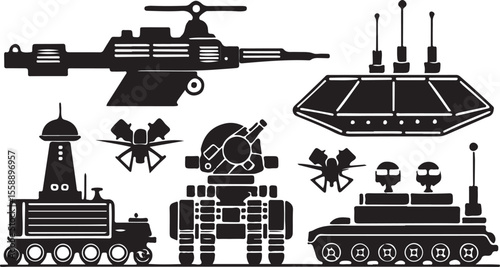 Vector set of military transport silhouettes including tanks, trucks, and other army vehicles, ideal for illustration and design