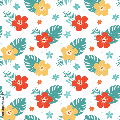 Wallpaper Mural Tropical Floral Pattern with Hibiscus and Palm Leaves Torontodigital.ca