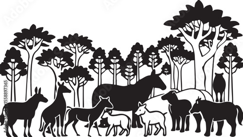 Sunset safari with silhouettes of horse, camel, deer, giraffe, and other wild animals in a nature landscape vector illustration