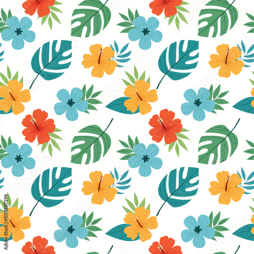 Tropical Floral Arrangement with Hibiscus and Monstera Leaves