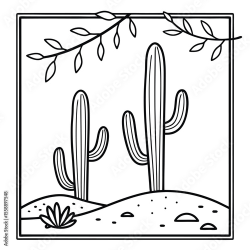 Black and White Cactus Landscape Illustration cacti