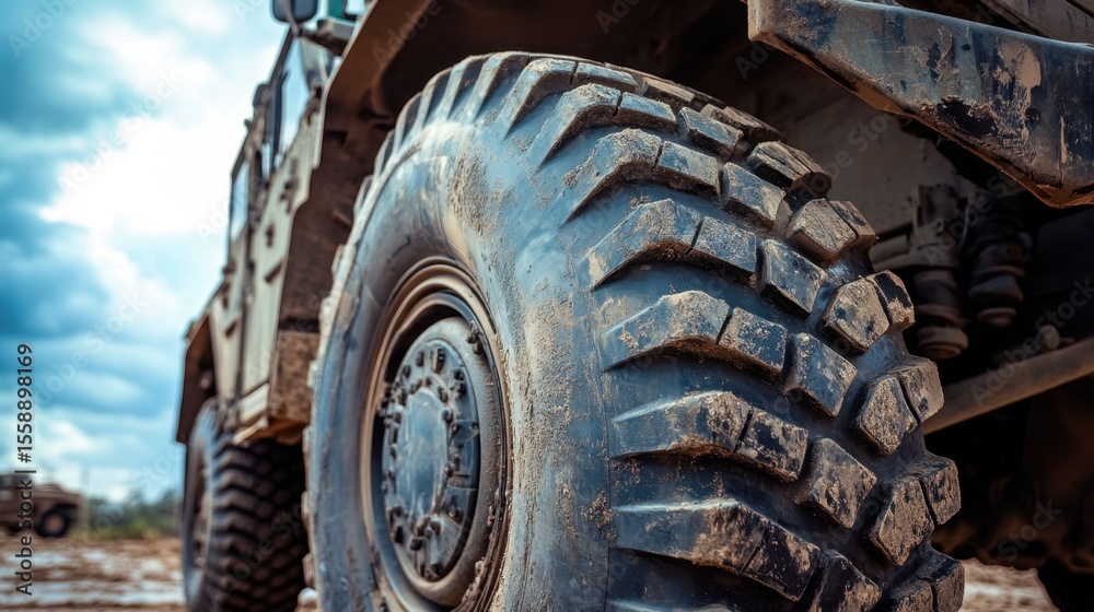 Fototapeta premium Close-Up of a Bulletproof Military Vehicle Tire with Steel Plating
