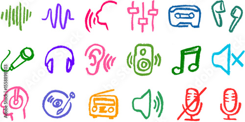 Audio Sound and Music Related Icons Crayon Chalk Drawing Vector Set