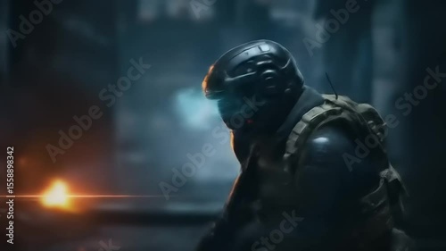 Futuristic soldier in tactical gear aiming a rifle amidst a fiery urban battlefield