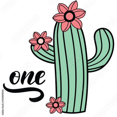 Cartoon Cactus Number One with Flowers numeral floral
