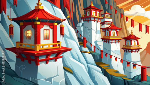 Close-up of white walls with red-and-gold windows clinging to the cliffside. Mist wraps around the base, lanterns glow inside as prayer flags flutter gently nearby.

