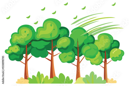 Cartoon forest trees illustration with wind and leaves blowing nature scene landscape art design