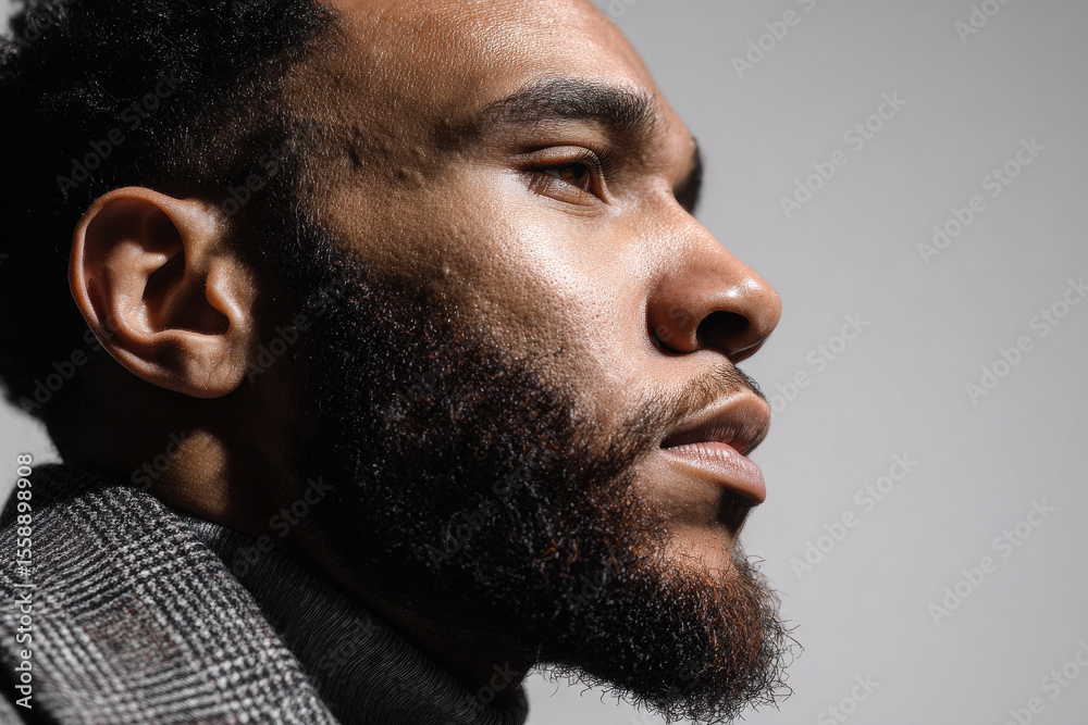 Obraz premium portrait of man with concentrated expression positioned on left side of frame