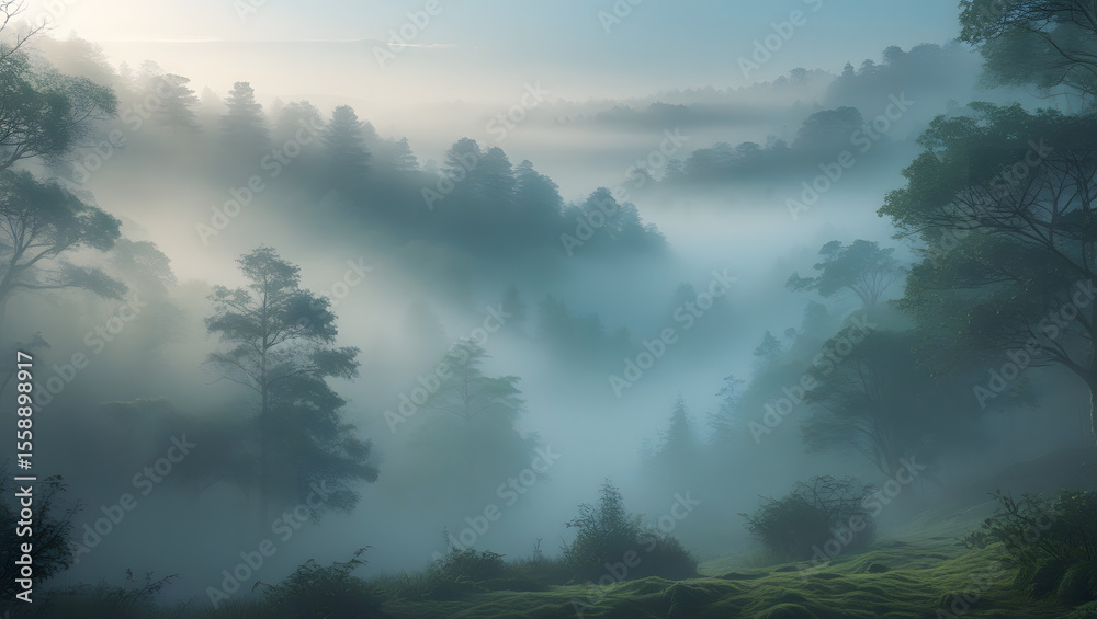 Fototapeta premium Misty forest landscape with morning fog rolling through the trees, creating a serene and atmospheric scene.