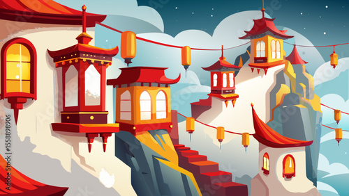 Close-up of white walls with red-and-gold windows clinging to the cliffside. Mist wraps around the base, lanterns glow inside as prayer flags flutter gently nearby.

