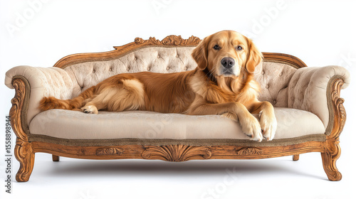 Regal Golden Retriever Dog Lounging Elegantly on a Classic Tufted Sofa