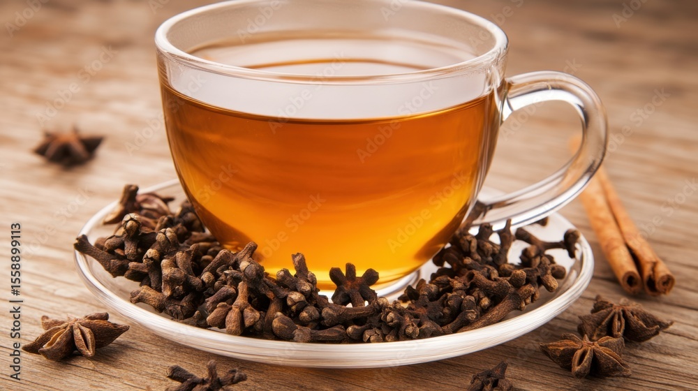 Fototapeta premium Warm Herbal Tea with Cloves and Cinnamon on Wooden Table Surface