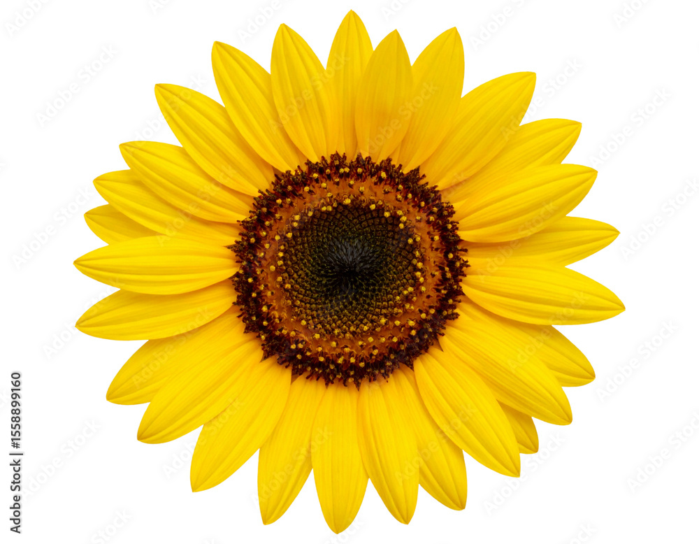 Fototapeta premium Top View of a Sunflower Head in Full Bloom with Radiating Petals, isolated on transparent background PNG