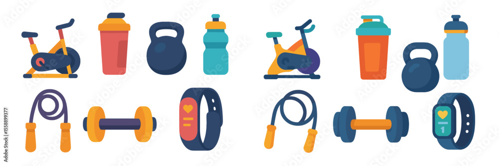 Collection of fitness equipment and accessories on a white background showcasing exercise essentials for a healthy lifestyle Collection of fitness equipment and accessories on a white background showcasing exercise essentials for a healthy lifestyle
