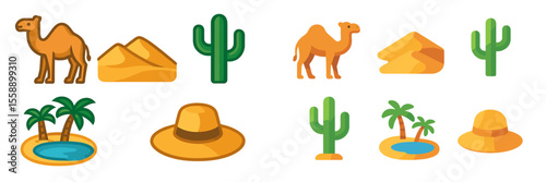 Desert landscape featuring camels, cacti, and tropical elements in a sunny setting
