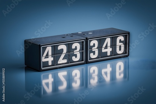 Retro-style mechanical scoreboard on a glossy blue surface, showing a numerical score with clear white digits in a stylish black casing.
