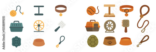 Collection of pet accessories and supplies for various animals displayed on a light background